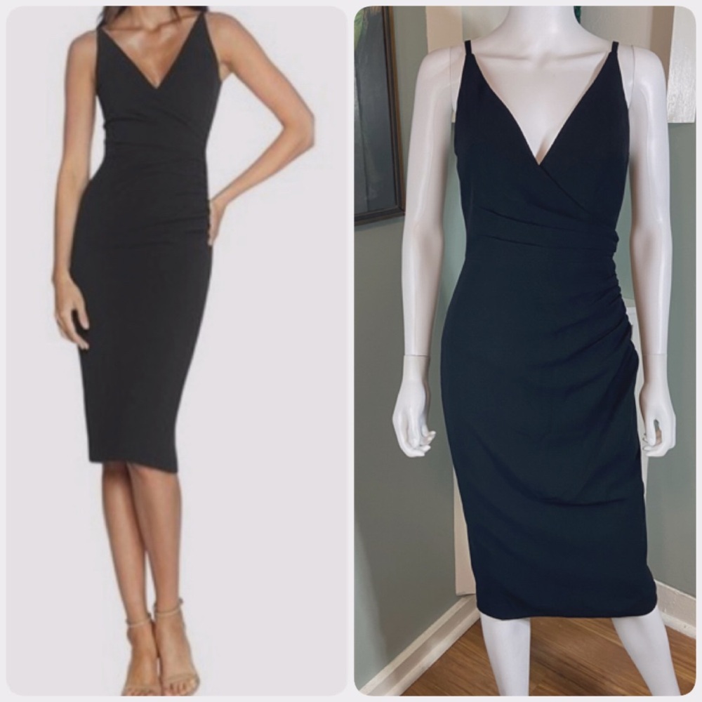 Dress the Population Anita Crepe Cocktail Black Midi Sheath Dress Ruched Small S